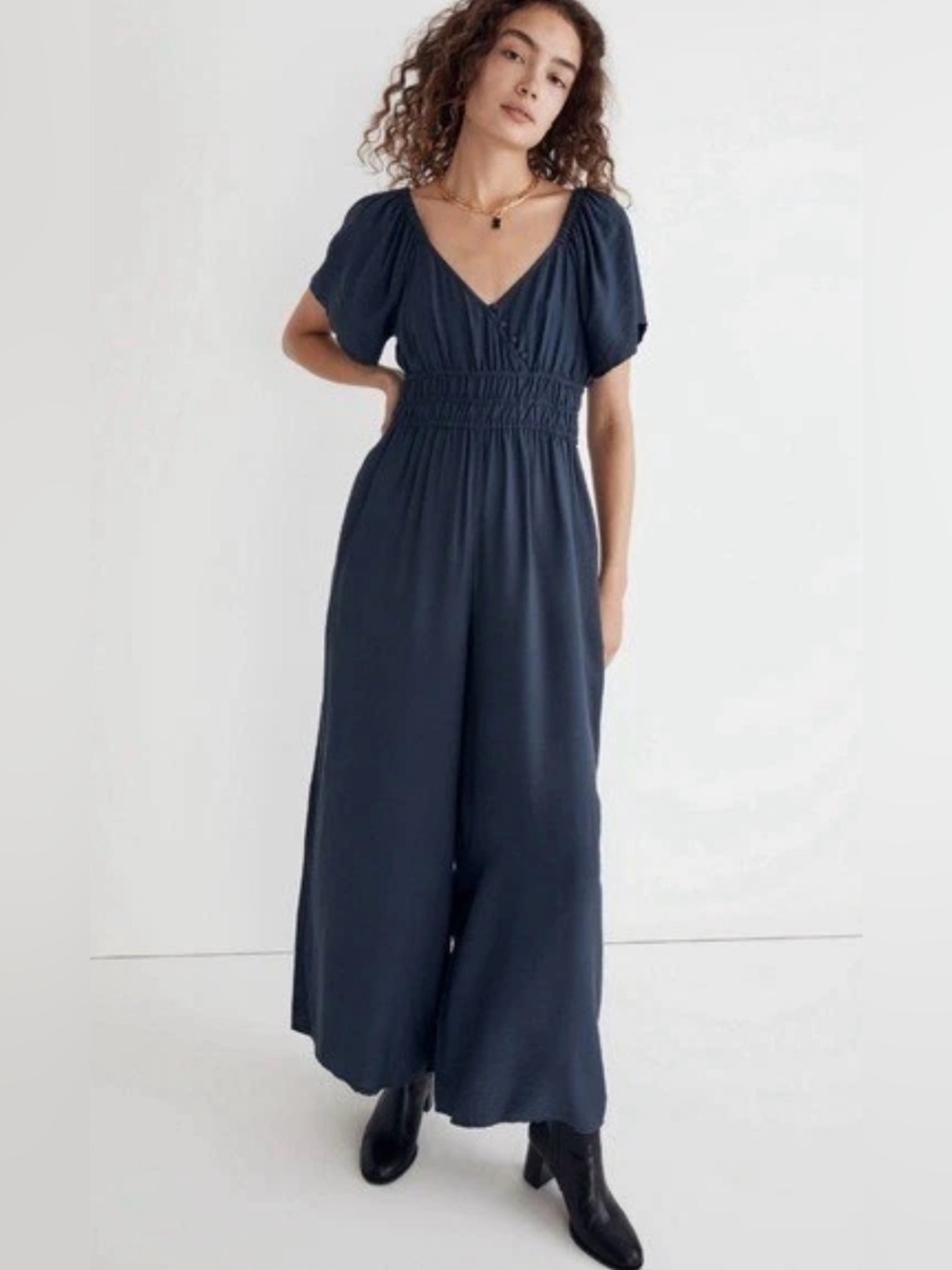 Madewell Navy Jumpsuit with Smocked Waist, Size M